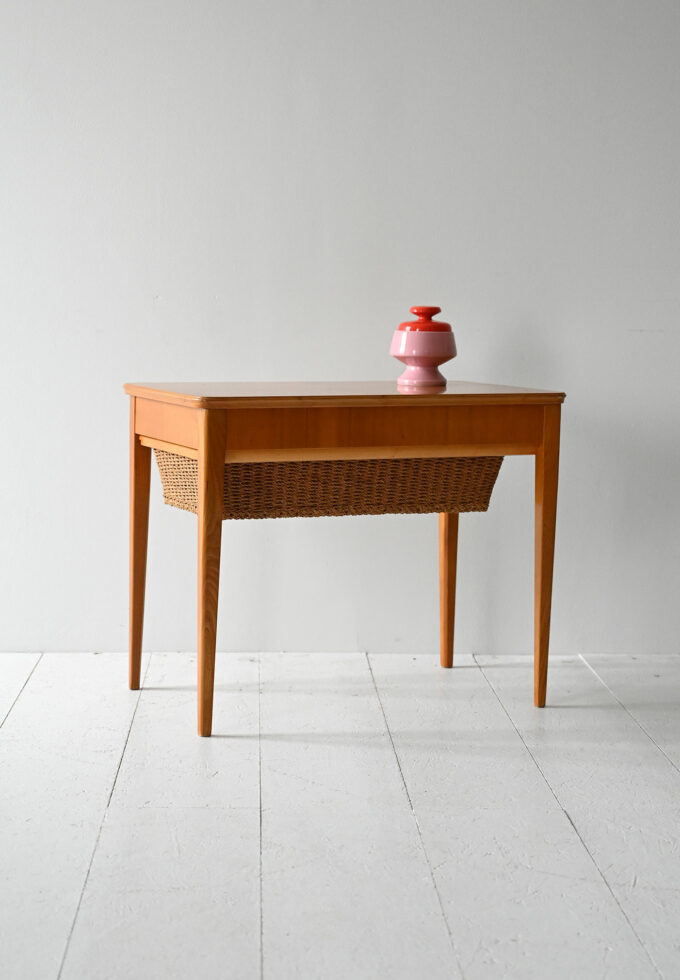 Scandinavian vintage briarwood portal coffee table with basket-a