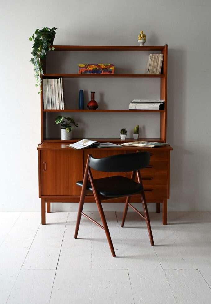 Vintage Scandinavian teak bookcase with pop-up desk-a