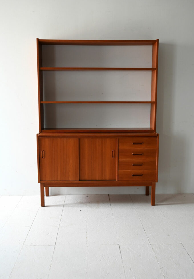 Vintage Scandinavian teak bookcase with pop-up desk-b