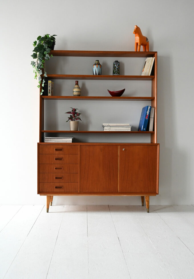 Vintage Scandinavian teak bookcase with drawers