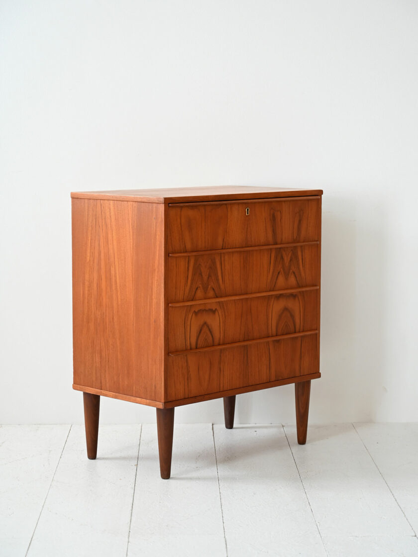Cassettiera scandinava vintage in teak fiammato-d