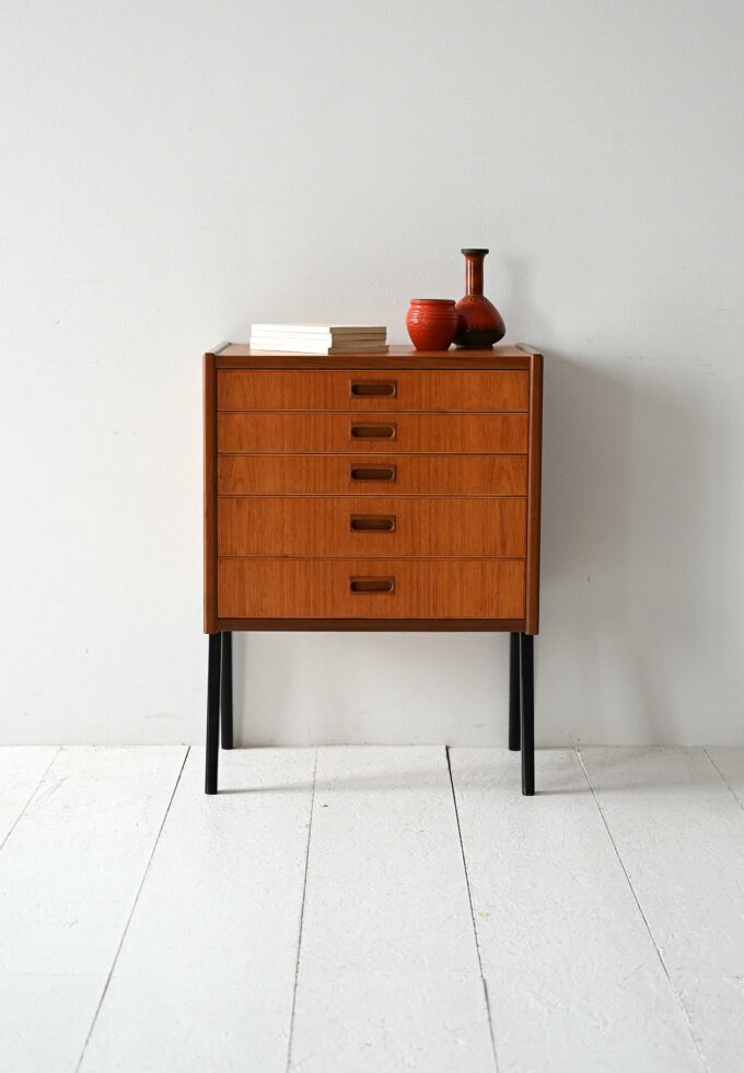 Vintage Scandinavian nightstand with five drawers and black legs-a