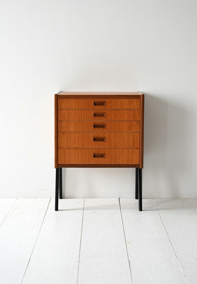 Vintage Scandinavian nightstand with five drawers and black legs-b