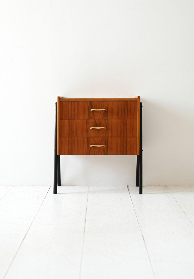 1950s Scandinavian Teak Nightstand Brass Black Legs-a
