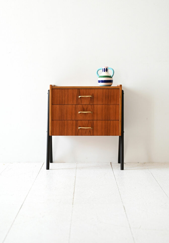1950s Scandinavian Teak Nightstand Brass Black Legs-b