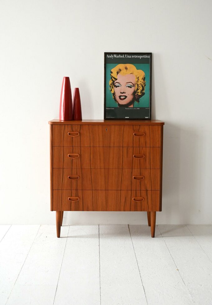 Scandinavian vintage teak chest of drawers with carved handles-a