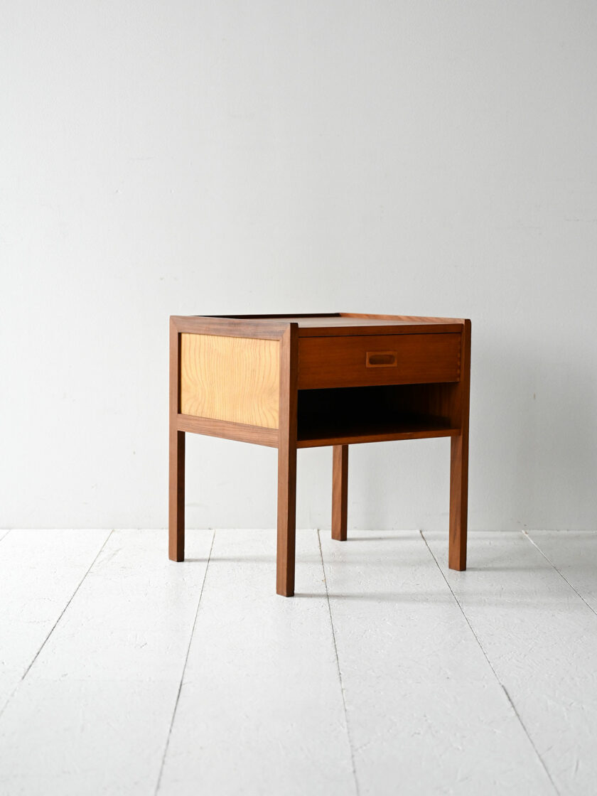 Scandinavian vintage teak bedside table with geometric front-c