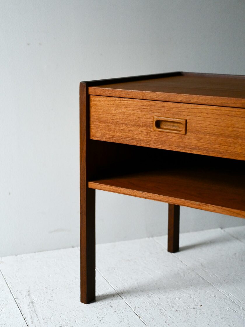 Scandinavian vintage teak bedside table with geometric front-e