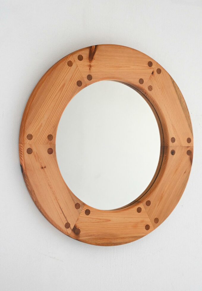 Scandinavian vintage round mirror in pine-a