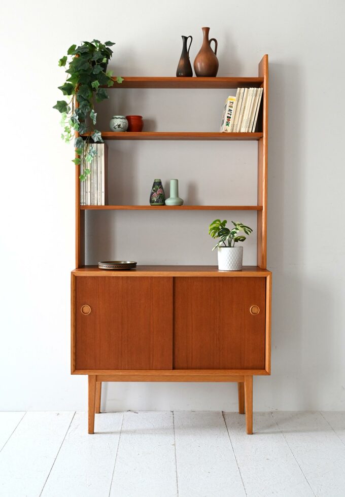 Scandinavian vintage bookcase in light teak with contrasting details-a