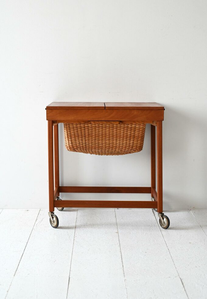 Scandinavian vintage side table with casters and basket-a
