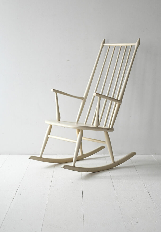 Scandinavian vintage rocking chair in white lacquered wood-a