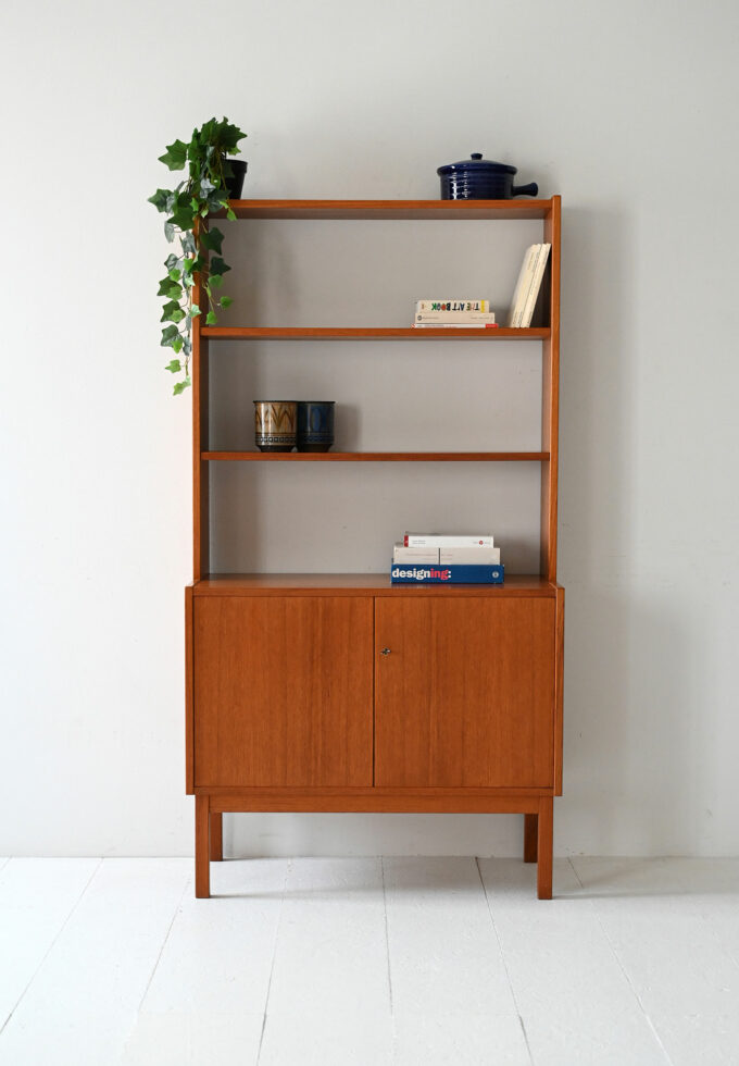 Vintage Scandinavian bookcase with hinged doors and exposed shelves-a