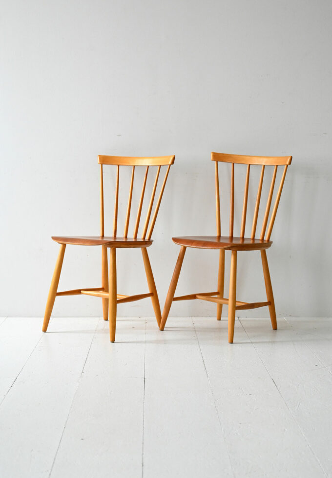 Coppia di sedie scandinave anni 50/60 in faggio e teak tipo Pinstol-a