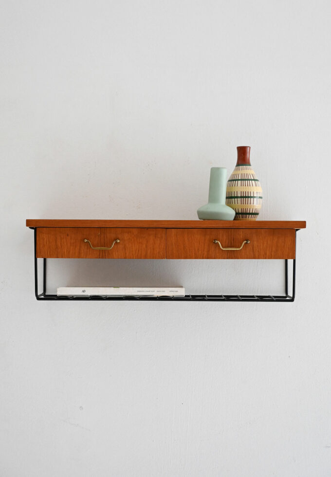 Comodino da parete scandinavo vintage in teak con due cassetti-a