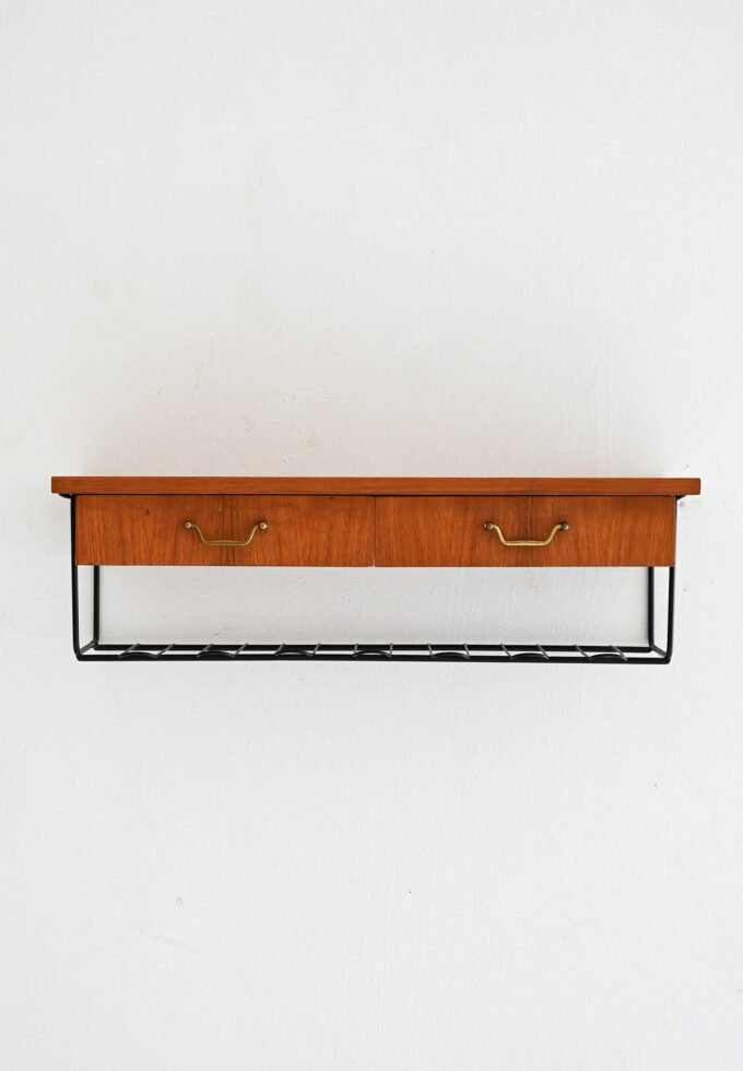 Comodino da parete scandinavo vintage in teak con due cassetti-b