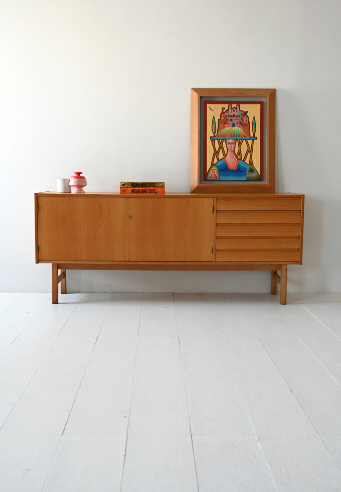 Scandinavian vintage oak sideboard with tin drawers-a