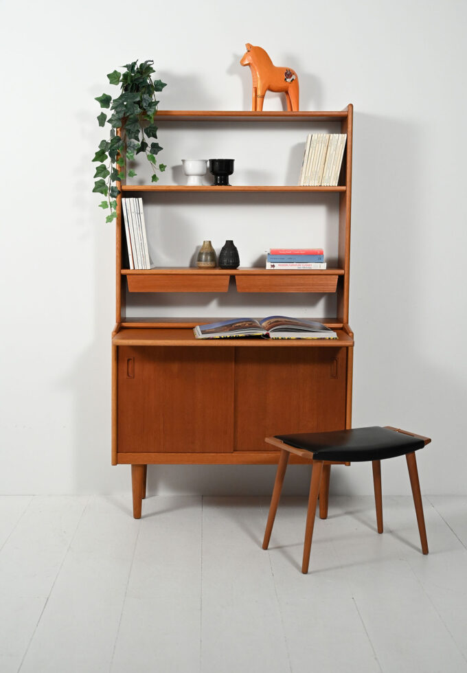 Scandinavian teak bookcase with hanging drawers-a