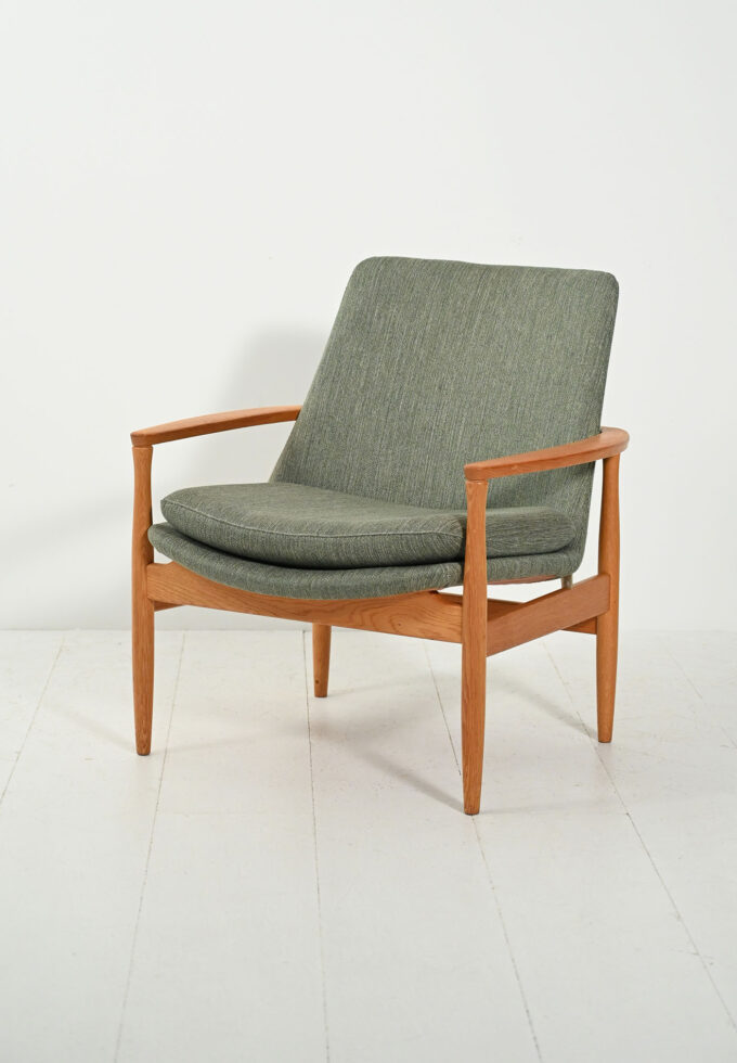 Scandinavian oak and sage-green wool armchair-a