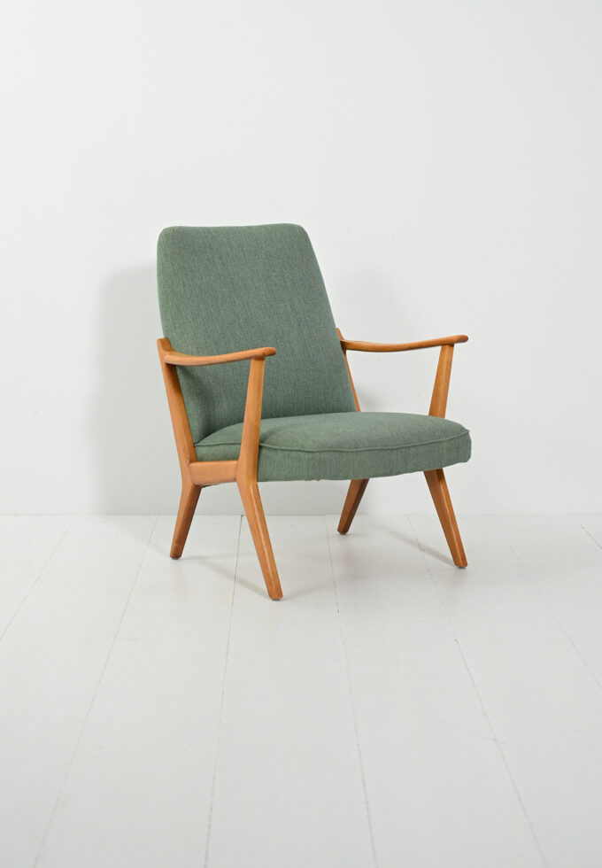 Scandinavian 50s-60s armchair with sage-green wool upholstery-a