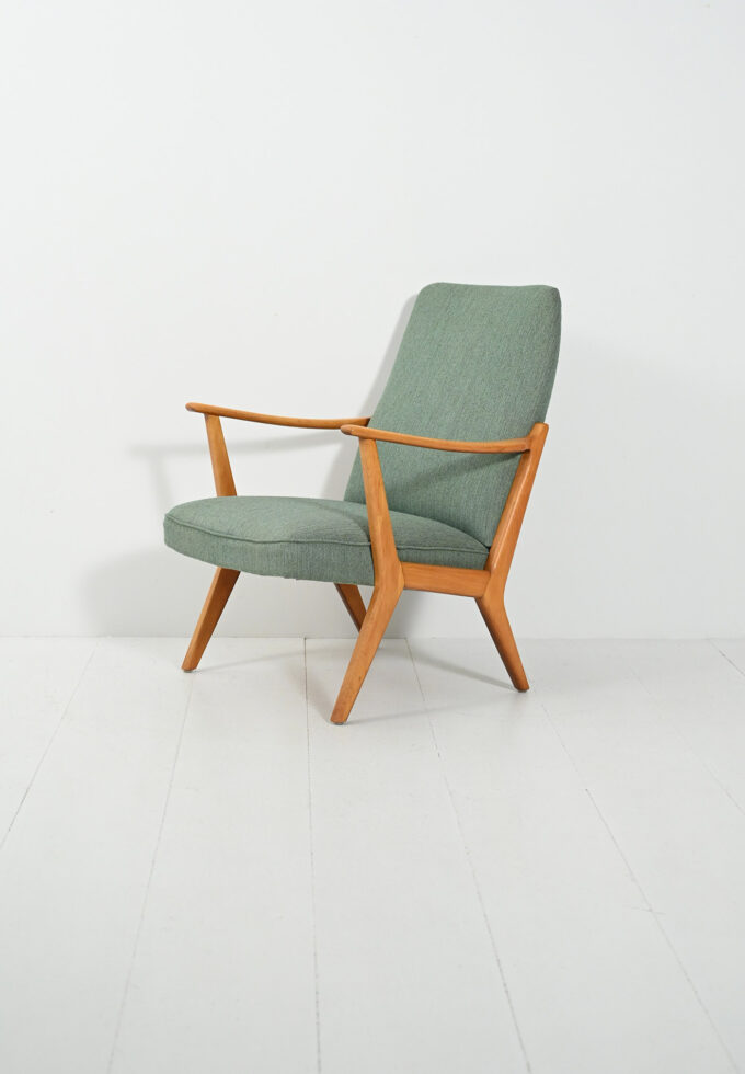 Scandinavian 50s-60s armchair with sage-green wool upholstery-b