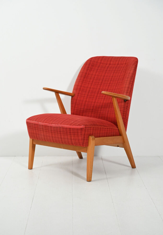 Scandinavian 1950s armchair with red wool upholstery-a