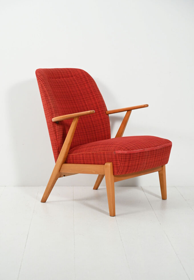 Scandinavian 1950s armchair with red wool upholstery-b