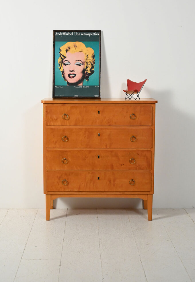Scandinavian 1950s birch chest of drawers with brass handles-a