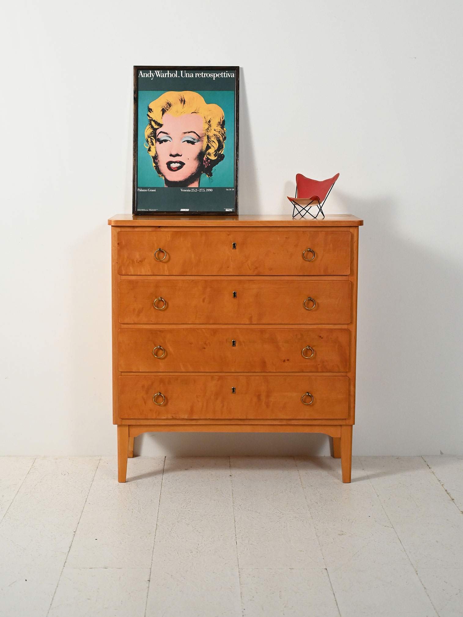 Scandinavian 1950s birch chest of drawers with brass handles