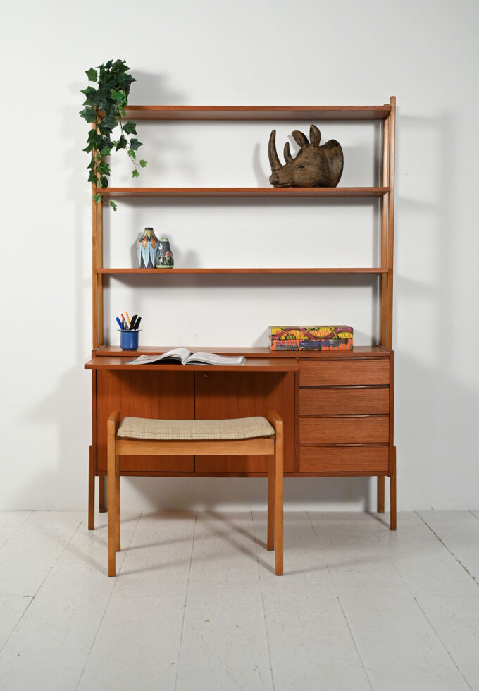 Scandinavian teak bookcase with pull-out desk-a