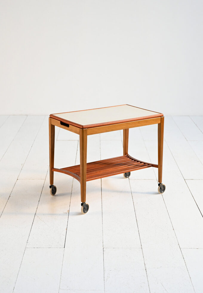 Carrello da portata vintage scandinavo in teak e betulla, anni ’50–’60-a
