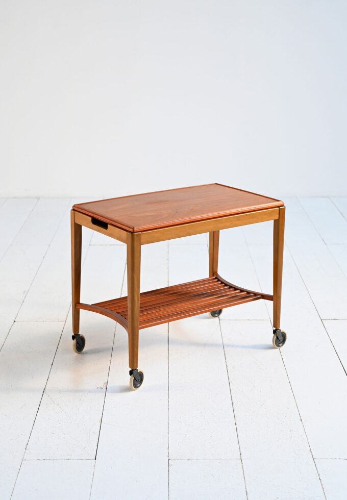 Carrello da portata vintage scandinavo in teak e betulla, anni ’50–’60-b