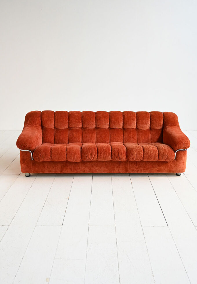 Vintage 1970s rust-colored velvet sofa with metal details-b