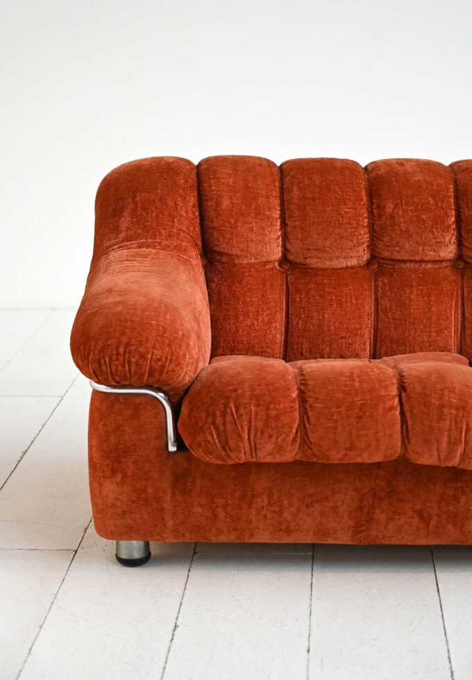 Vintage 1970s rust-colored velvet sofa with metal details-c