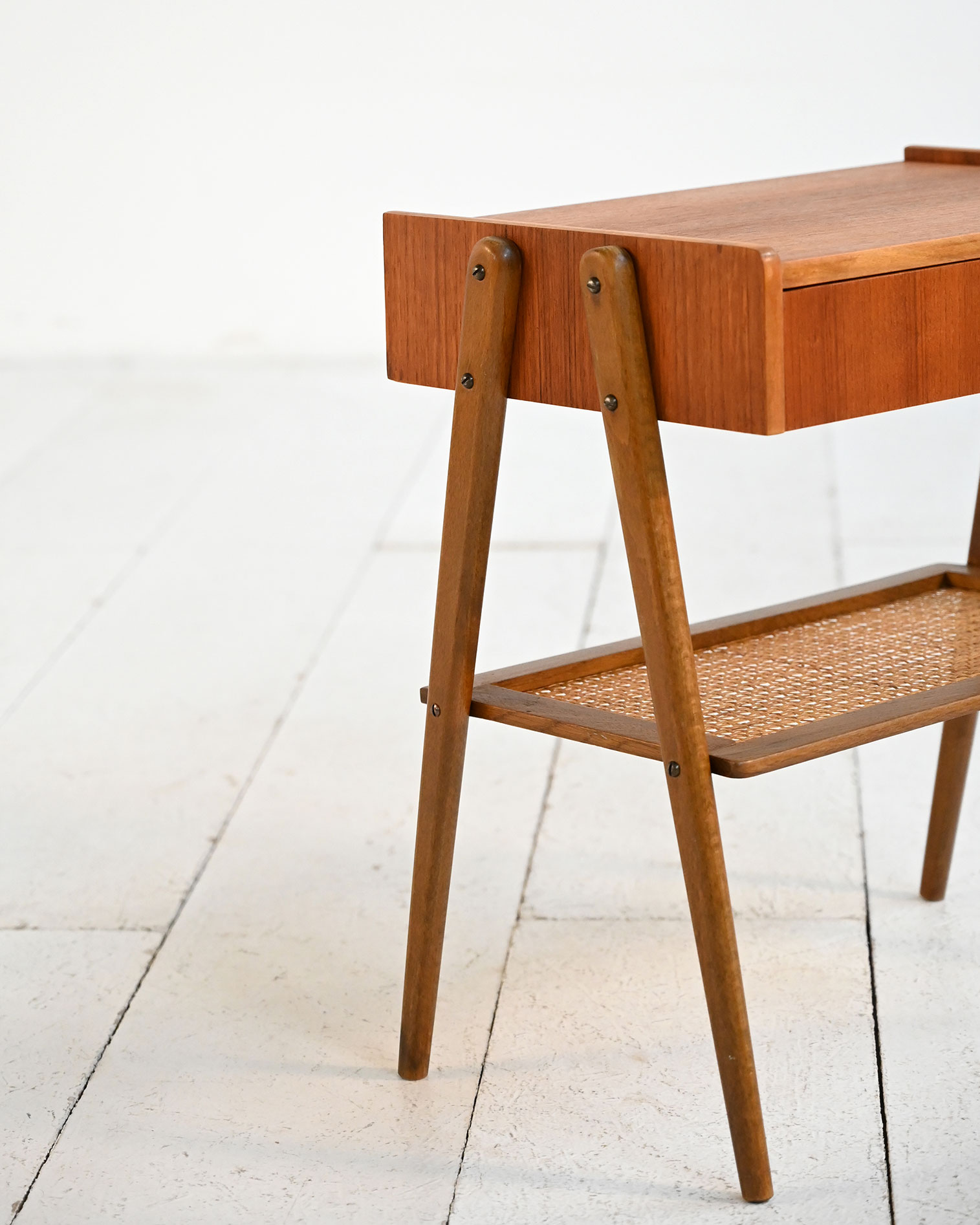 Scandinavian teak bedside table rattan shelf 50s-c Scandinavian teak nightstand with rattan shelf, 1950s-c