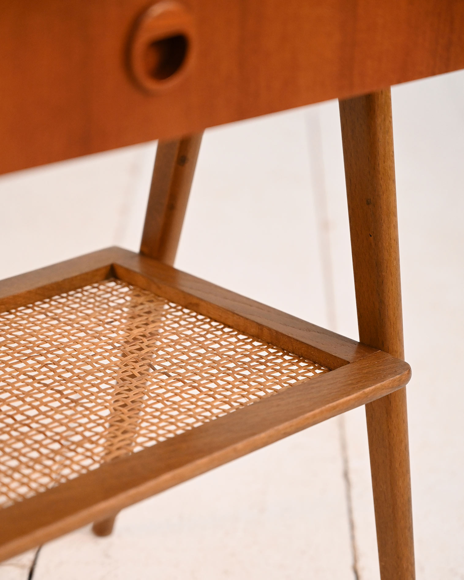 Scandinavian teak bedside table rattan shelf 50s-g Scandinavian teak nightstand with rattan shelf, 1950s-g