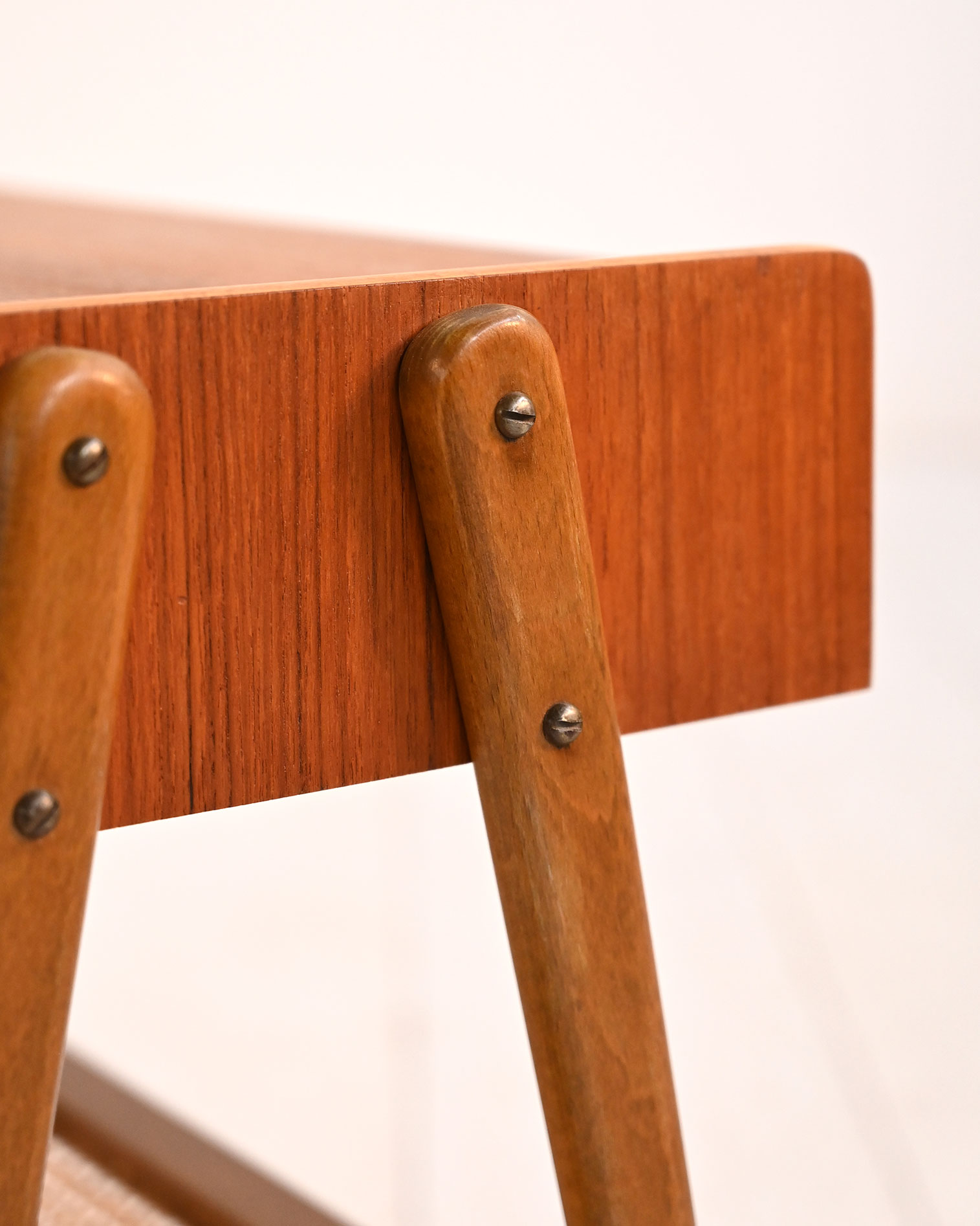 Scandinavian teak bedside table rattan shelf 50s-h Scandinavian teak nightstand with rattan shelf, 1950s-h