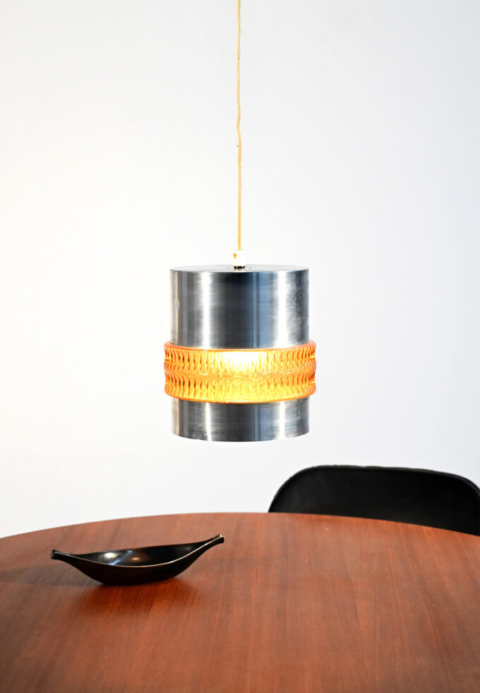 Lampada a sospensione in metallo e vetro, anni ’60-a